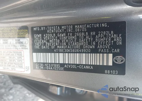 2006 Toyota Camry Le from USA, damaged, VIN 4T1BE30K56U649920